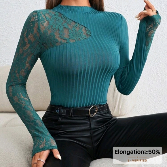 Elegant Teal Lace Sleeve Top - Picture 2 of 6